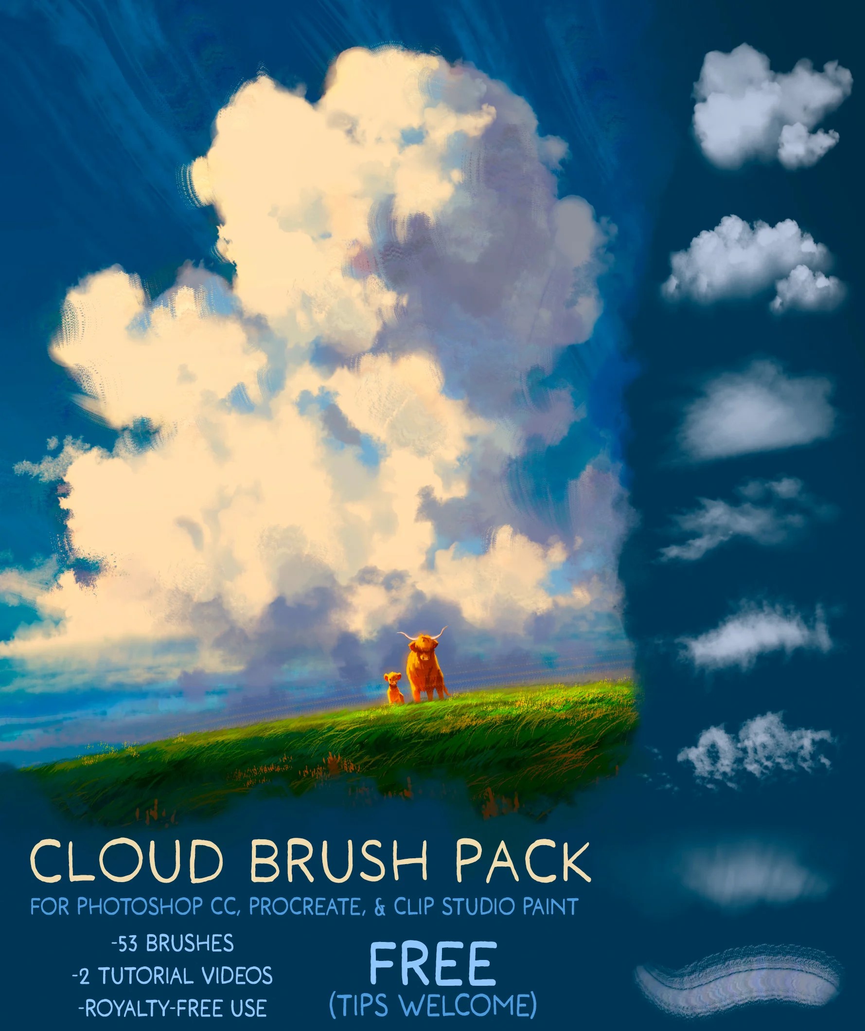 Cloud Brush Pack cover showing painted clouds over a grassy landscape
