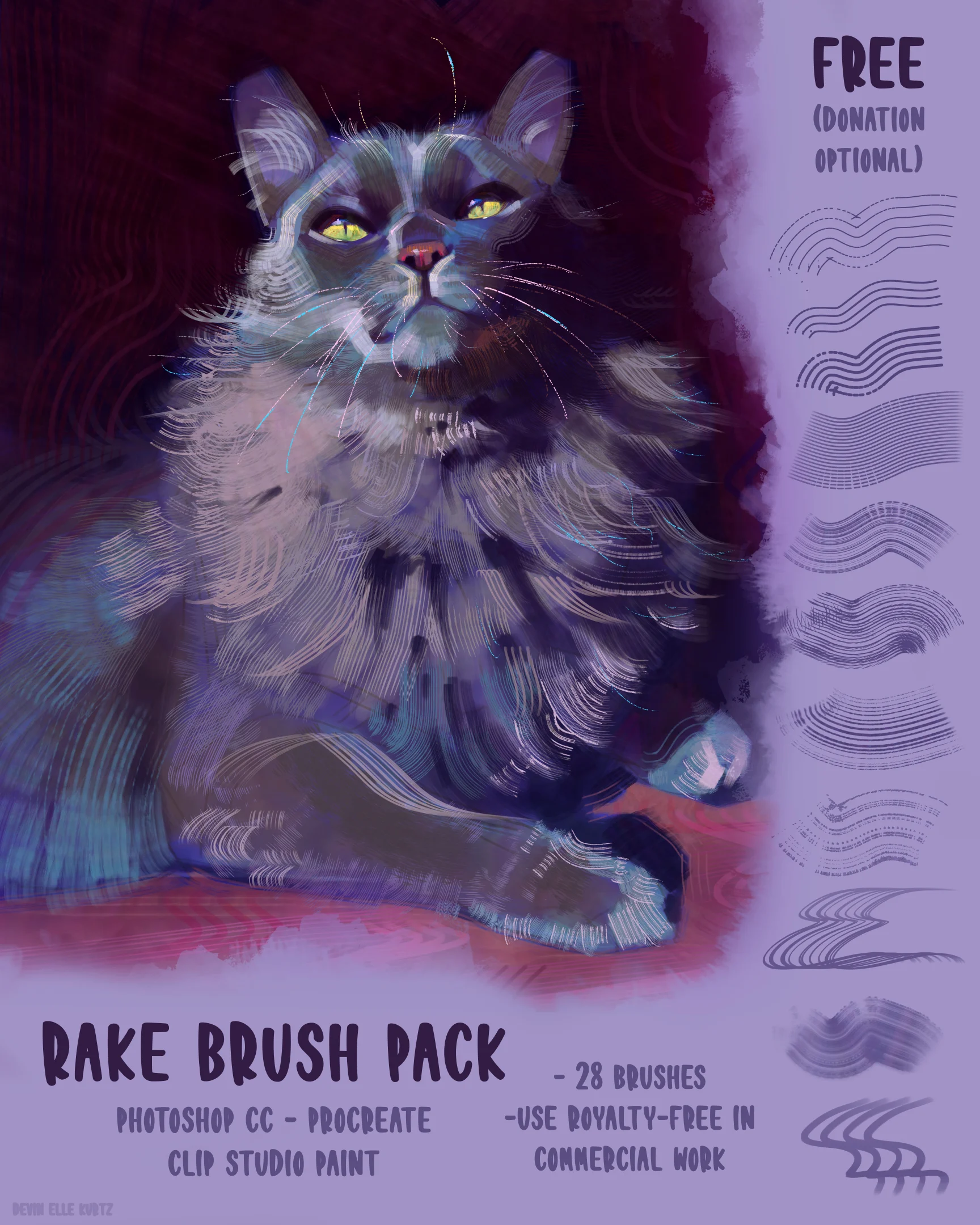 Rake Brush Pack cover with a painterly cat and textured brush examples