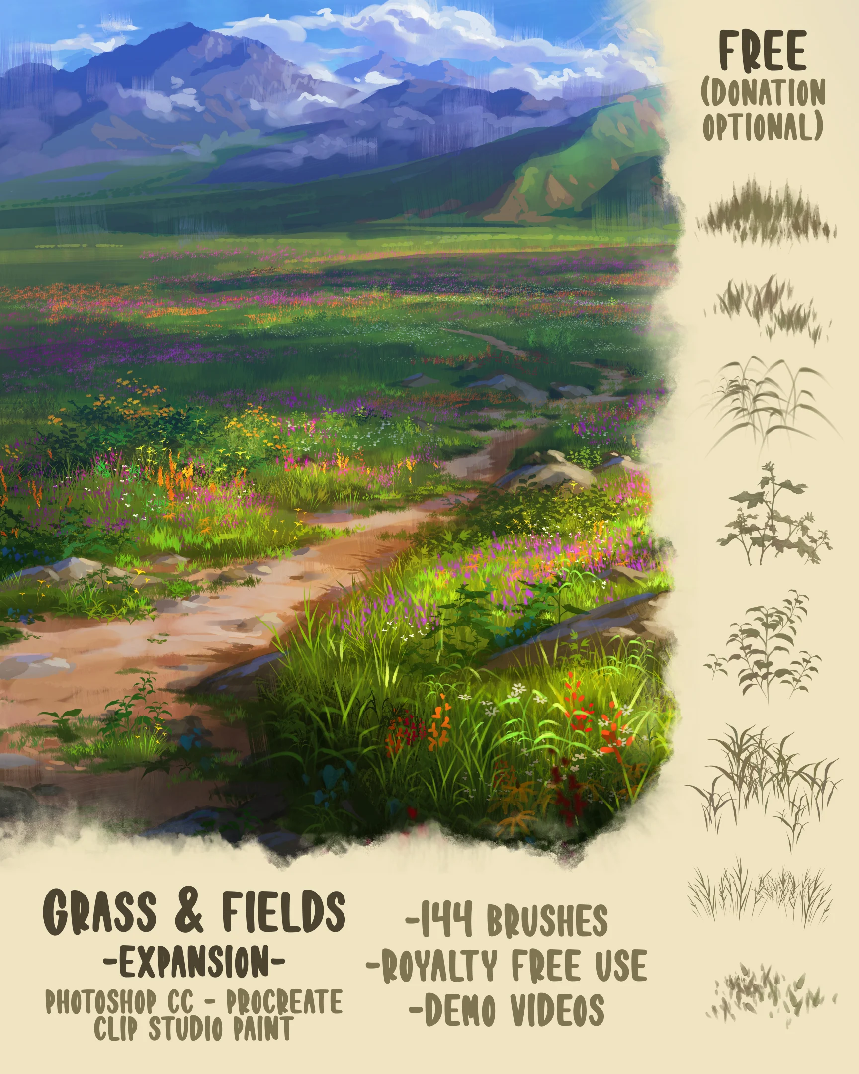 Grass and Fields Brush Pack cover showing a colorful meadow and vegetation brush samples