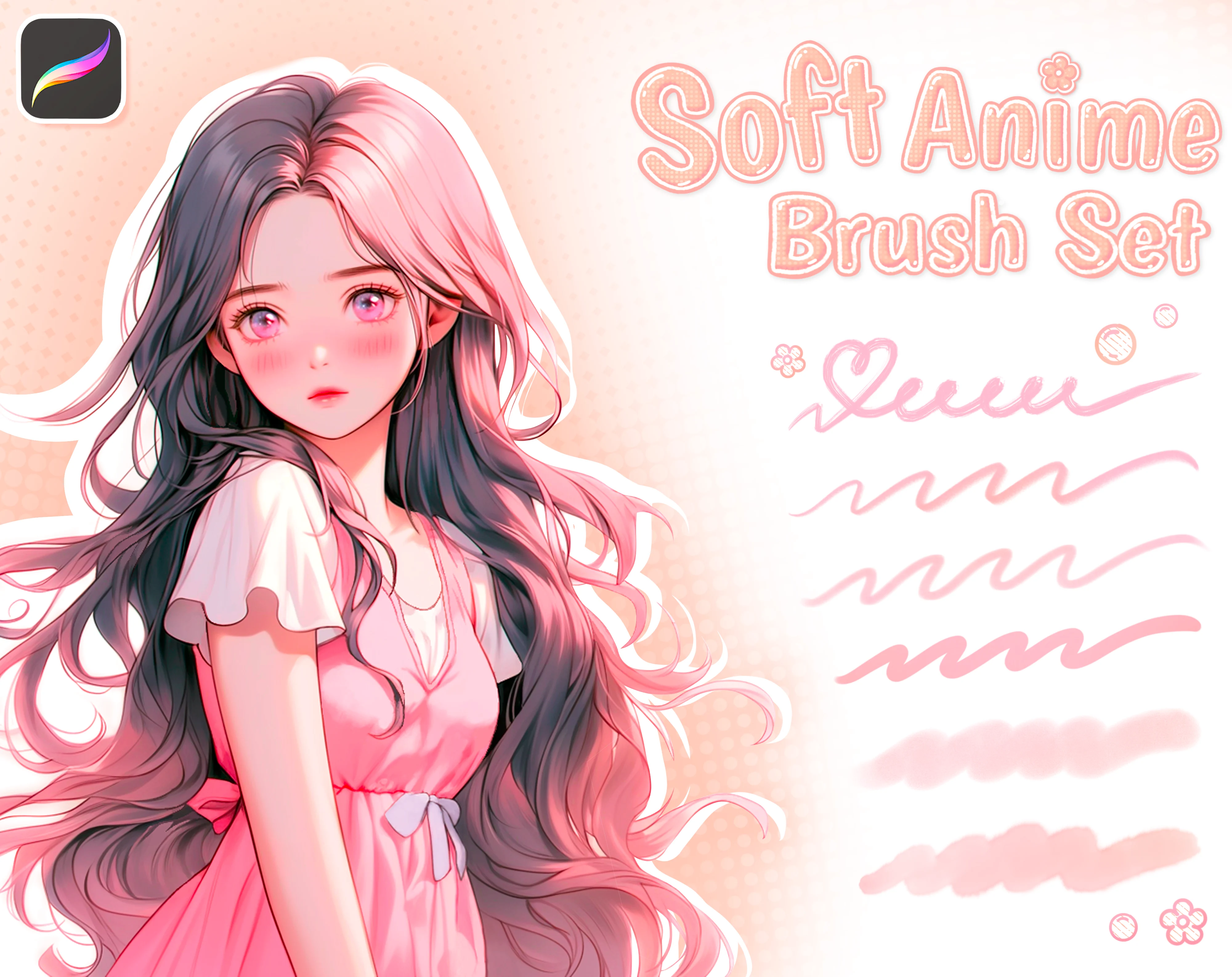 Soft Anime Brush Set cover with a digital character portrait and sample strokes