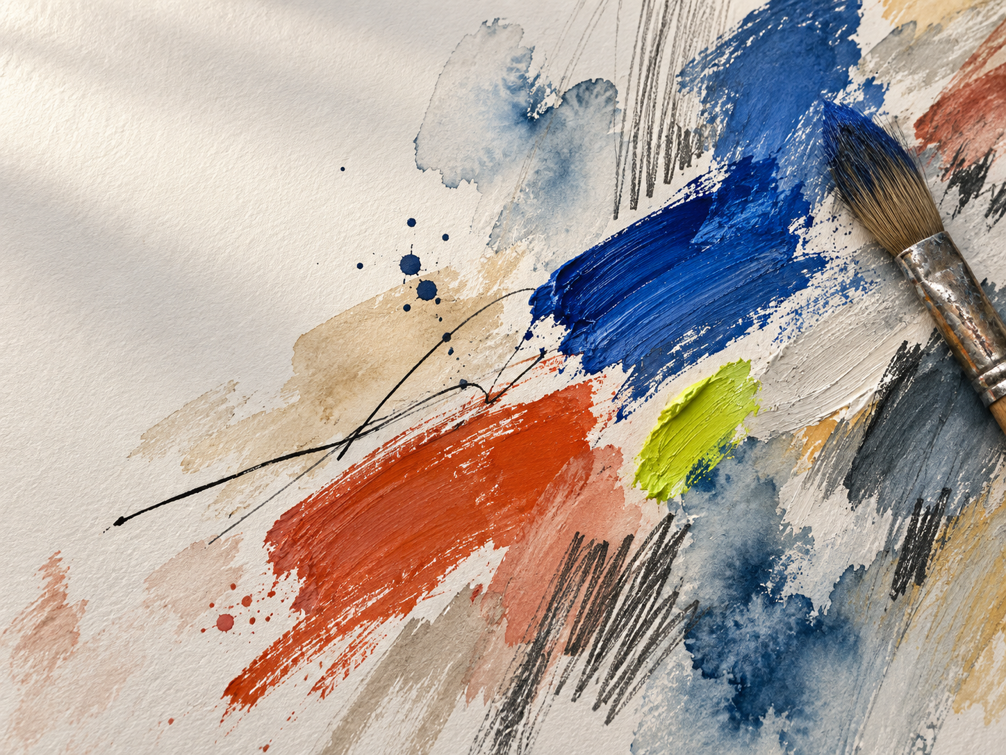 Paint, watercolor, and ink brush mark studies on textured paper